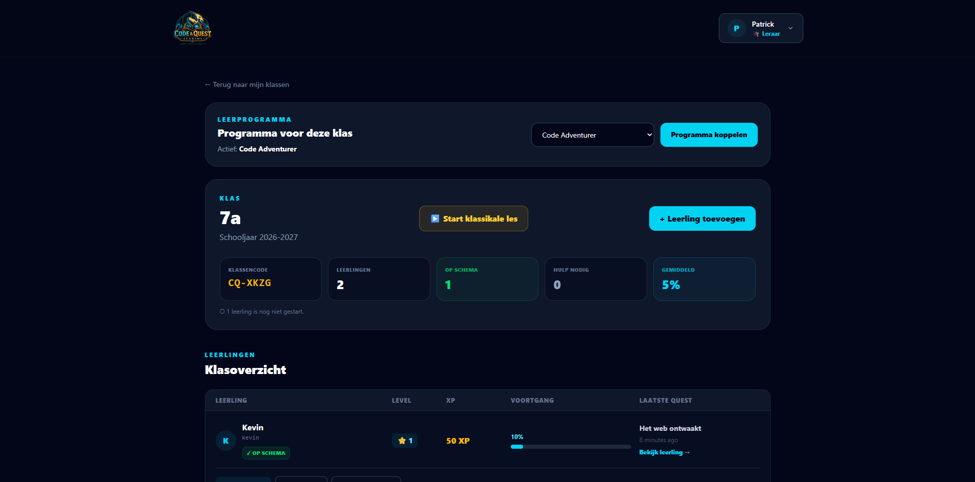 Code & Quest leraardashboard met klasbeheer en leerlingvoortgang